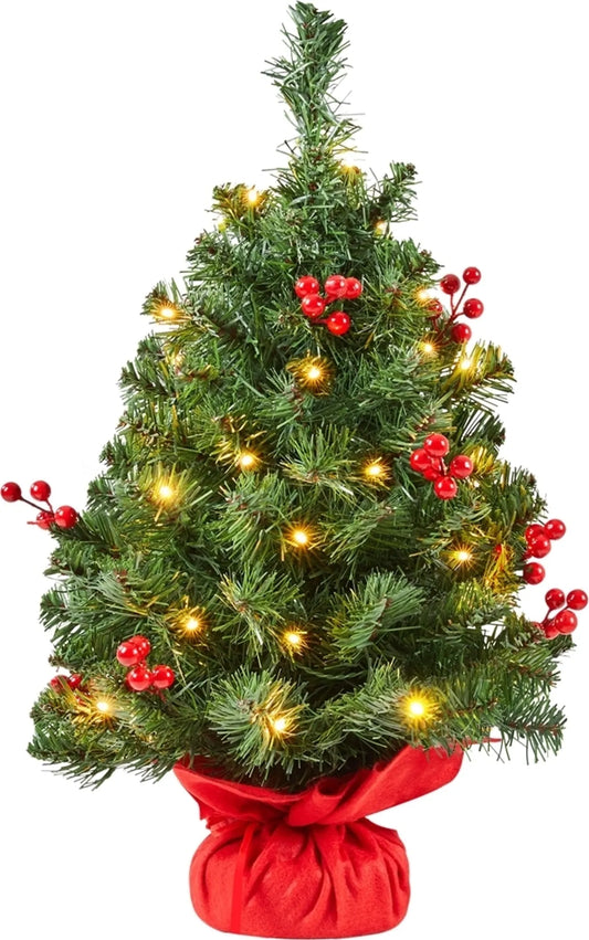 Yaheetech Tafelkerstboom Met Verlichting – 38 x 38 x 60 cm – Voorzien Van 35 LED-Lampjes En 40 Rode Bessen En Betonnen Voet Met Rode Doek – Voor Dressoir En Kantoor – Groen PVC En Beton