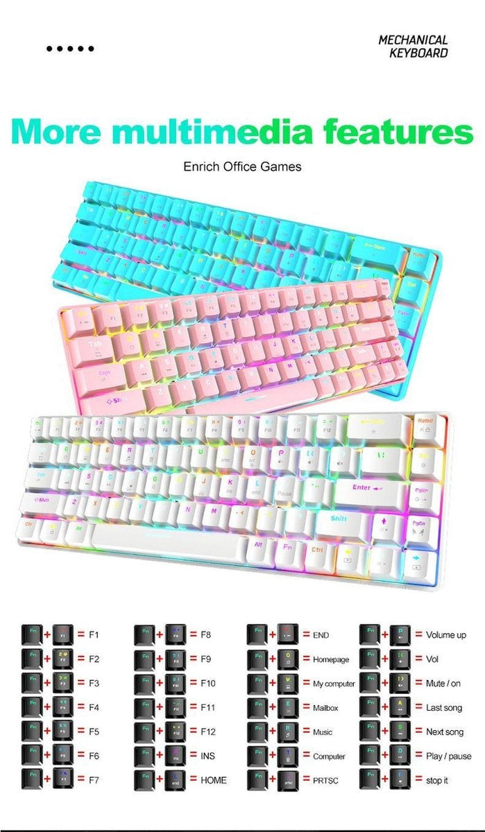 T8 RGB Mechanisch 68Keys gaming toetsenbord - Windows/Mac game toetsenbord - Brown Switch - QWERTY - Mechanical Keyboard - Zwart