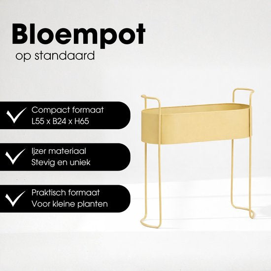 Mica Decorations Moritz Bloempot op Standaard - Plantenpot L55 x B24 x H65 cm - Plantenstandaard op IJzer - Bloempot Binnen of Buiten - Beige