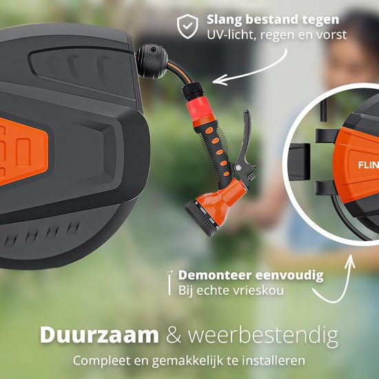 FlinQ Tuinslanghaspel 30 meter - Slanghaspel Automatisch - 180° draaibare Muurhaspel - Wandslangenbox met Tuinslang, Haspel en Sproeikop - 9 Sproeistanden