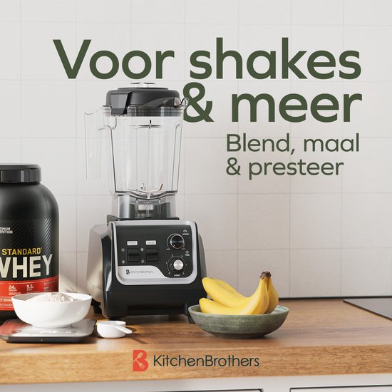 KitchenBrothers Power Blender - 1600W - 2L - Smoothie Maker - IJscrusher - Metallic Zwart