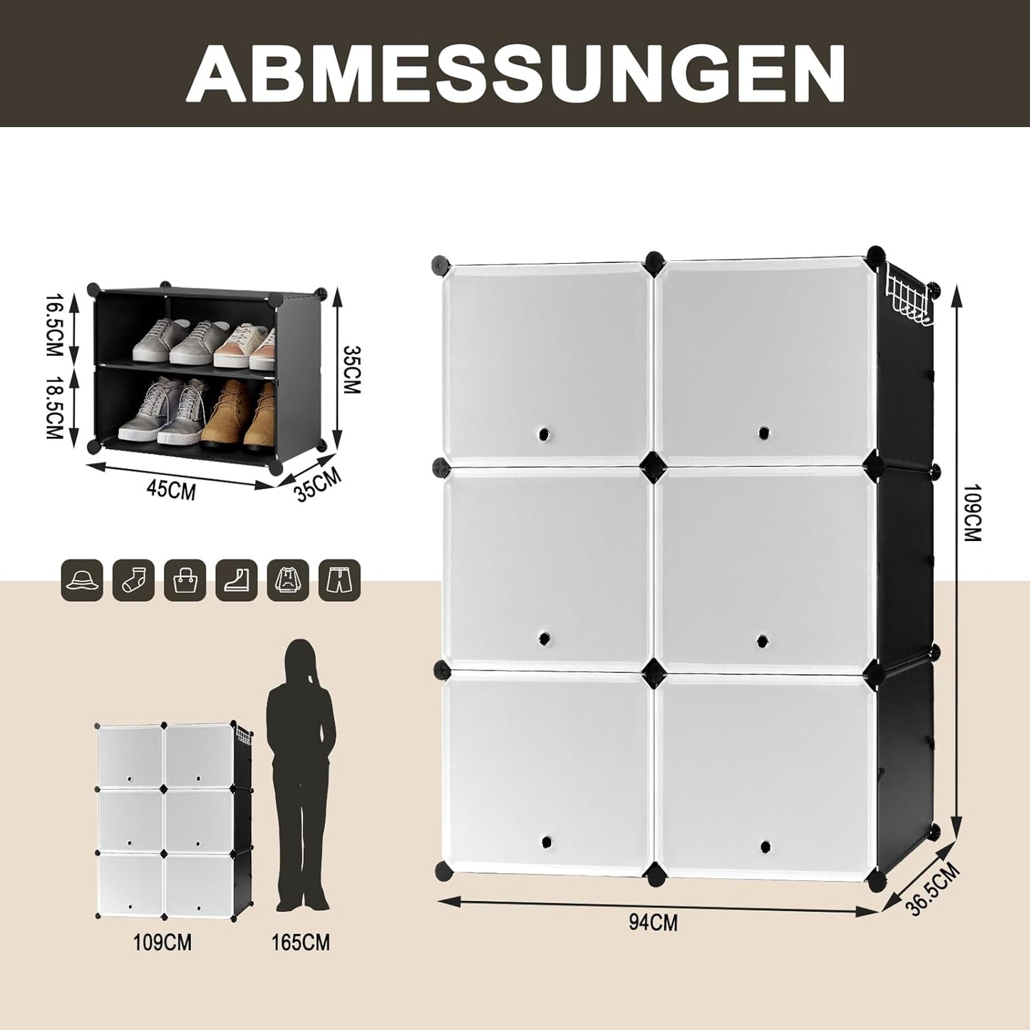Woltu Schoenenrek met 6 Vakken - Opbergkast voor 24 Paar Schoenen - Wit/Zwart - 94 x 36,5 x 109 cm