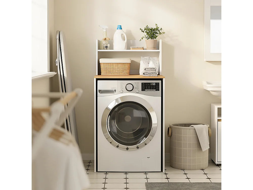 SoBuy Wasmachinekast BZR224-WN - Met Werkblad en Open Plank - 66 x 60 x 126,5 cm - Wit/Licht Eiken