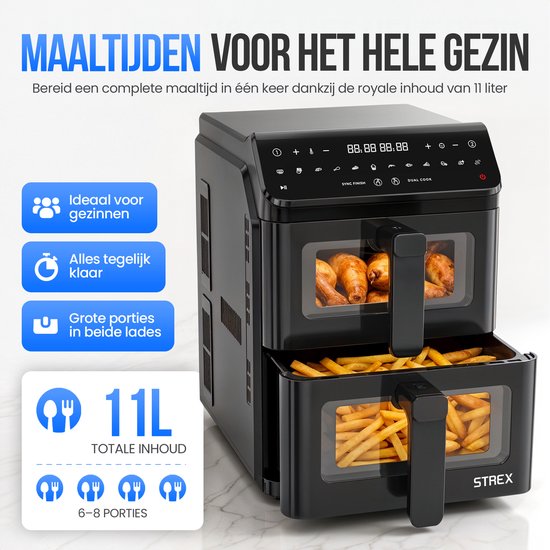 Strex Airfryer Dubbele Mand 11L XXL Heteluchtfriteuse 2500W - Airfryer 2 Manden - Dual Basket - 13 Kookprogramma's - Airfryer Verticaal Groot voor Gezin