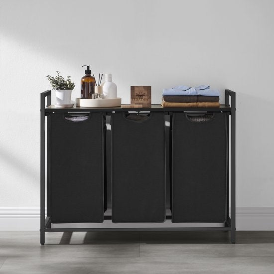 O'DADDY Wasmand met 3 Vakken – Houten Bovenblad & Metalen Frame – 114L – 92,5 x 33 x 71 cm – Zwart & Rustiek Bruin