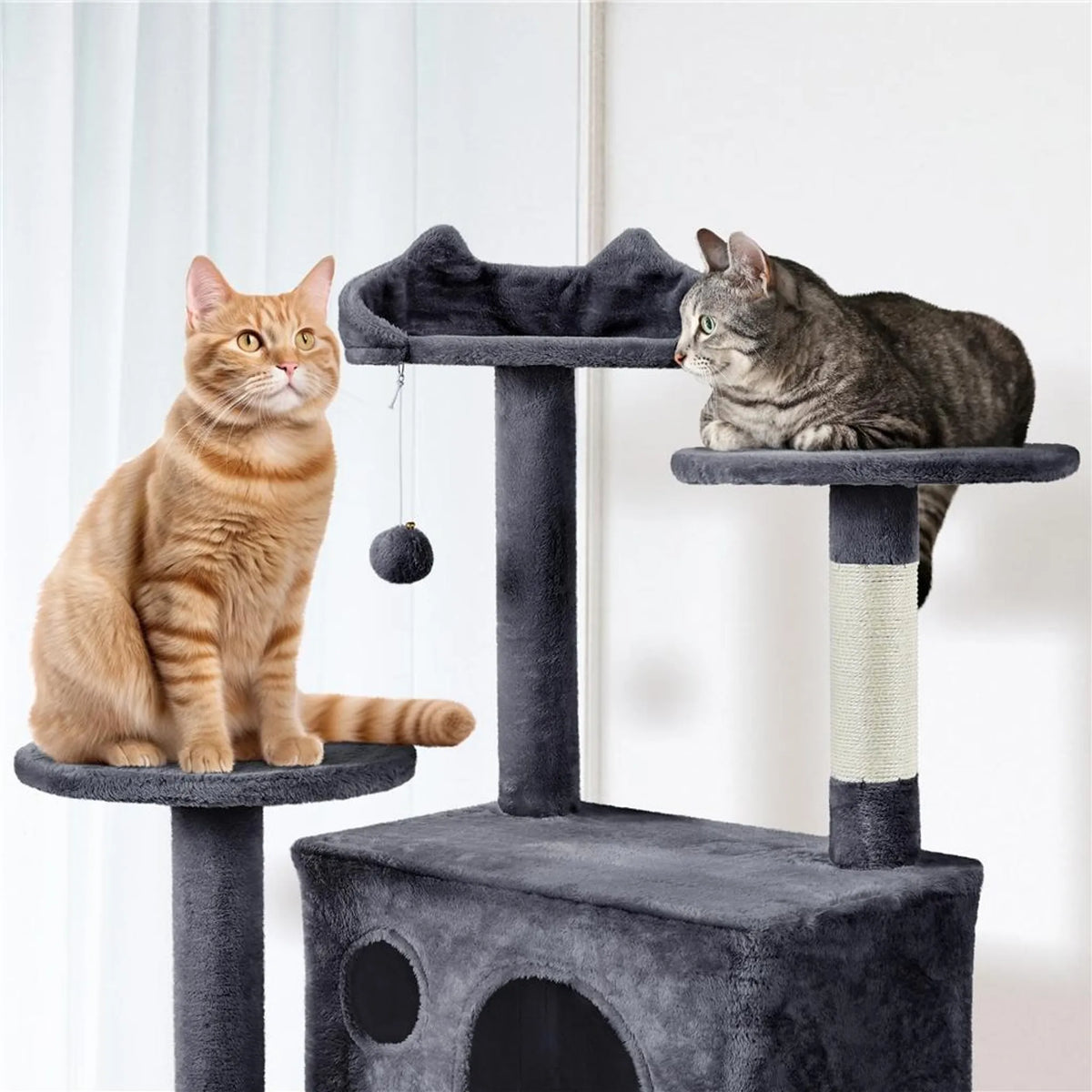 Yaheetech Krabpaal XXL Met Twee Kattenmanden – Voorzien Van Klimhelling En Ligkussen In Kattenoorvorm En Hangende Speelballen – Voor Huishoudens Met Meerdere Katten – Donkergrijs Pluche En Sisal – 59,5 x 55 x 202,5 cm
