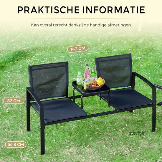 O'DADDY® Tuinbank - Tuinbankjes Weerbestendig - Tuinbanken - Tuin Bank - Tuinbank met Tafel - Buitenbank - Voor 2 Personen - 142 x 57 x 82 cm - Metaal - Zwart