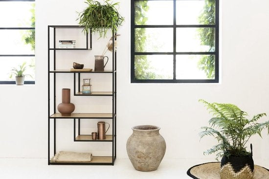 LIFA LIVING Open Wandkast - Opbergkast - Boekenkast - Industrieel - Zwart - Hout & Metaal - 82 x 34 x 175 cm