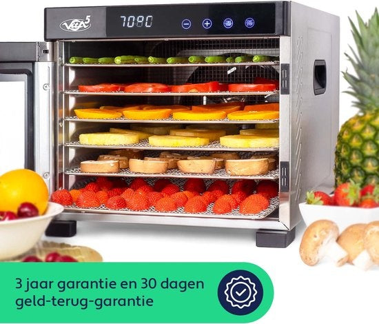 Vita5 Nobel Pro 6 Voedseldroger - Dehydrator 6 Laags - Droogoven RVS - 24-Uurs Timer - Led-bedieningspaneel - 650 Watt
