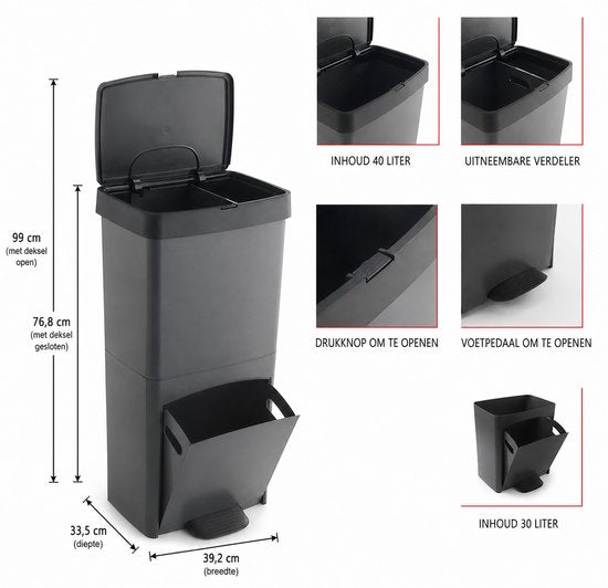 Sp Berner recycling afvalbak - prullenbak - 2 of 3 vakken - 100% gerecycled kunststof -grijs