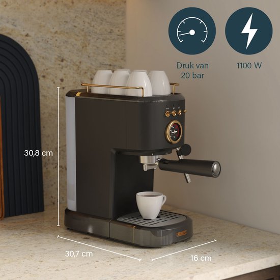 Princess 249417 Espressomachine – 20 Bar – Geschikt voor Gemalen Koffie, Pads & Cups – Met Melkopschuimer – 1,2L Watertank – 2 Kopjes Tegelijk – Kopjesverwarmer – Zwart – Cappuccino & Latte Machine