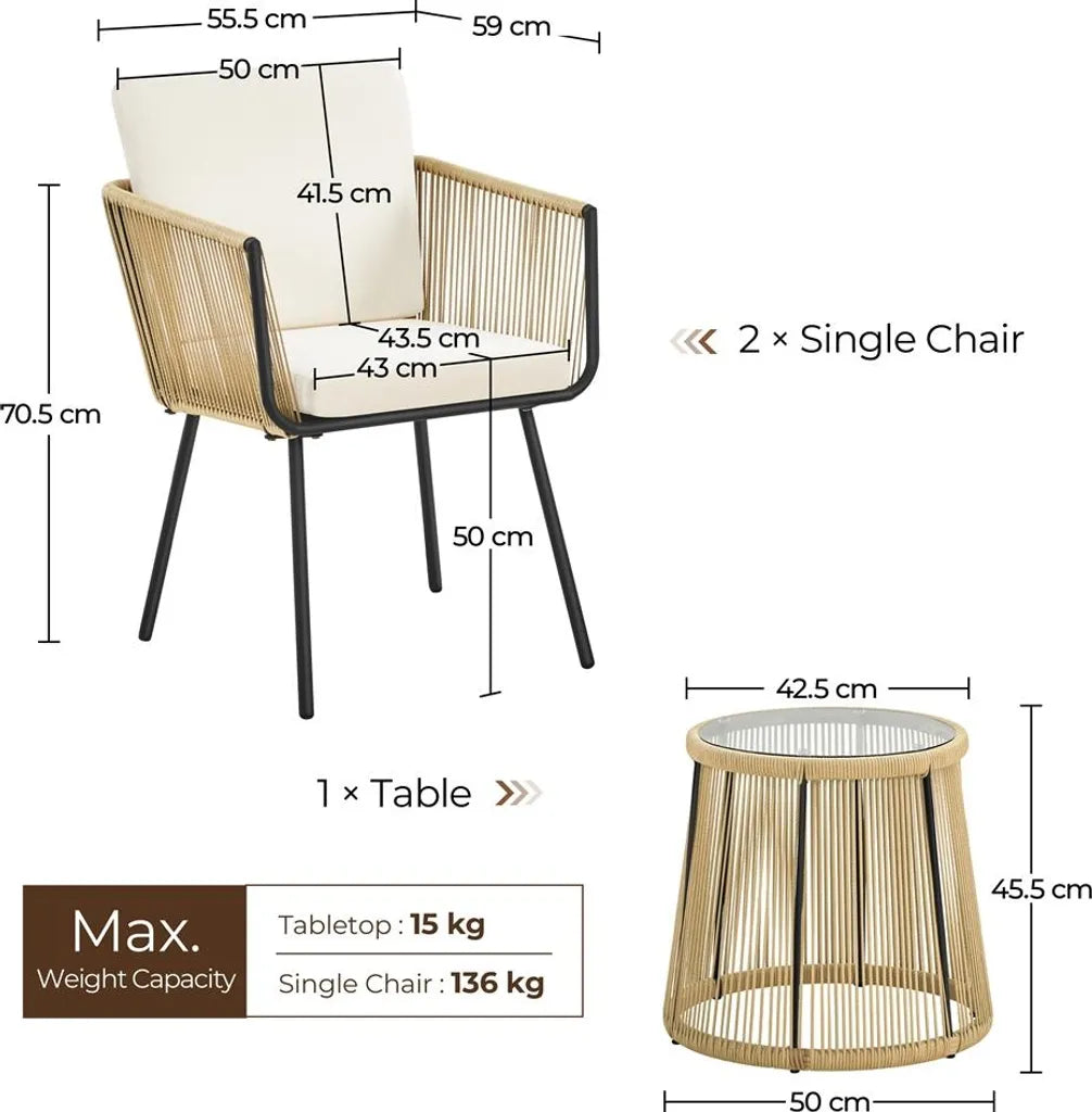 Yaheetech Tuinmeubelset 3-delig - Lichtbruin/Crèmewit - Polyrattan Balkonset met Ronde Bijzettafel en Zit- & Rugkussens
