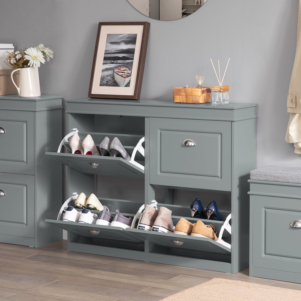 SoBuy FSR79-HG Schoenenkast met 4 Kleppen – Schoenenmeubel met 8 Planken – Ruimtebesparend Schoenenrek voor Hal – Grijs MDF – 105x83x24cm