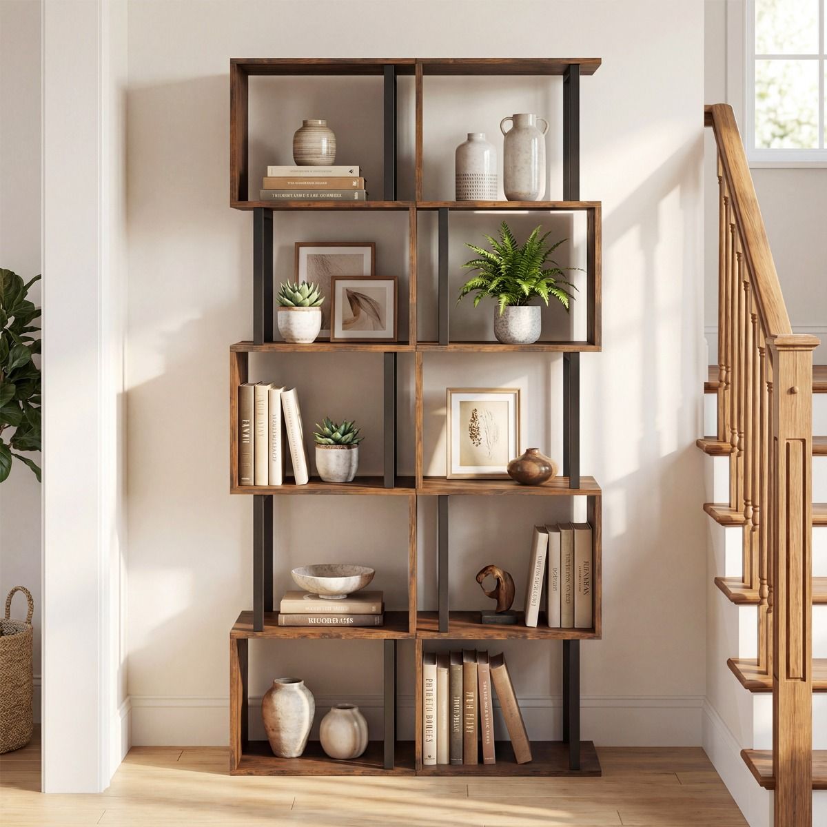 Coast Boekenrek met 5 planken - geometrisch ontwerp - metalen frame - zwart/rustiek bruin