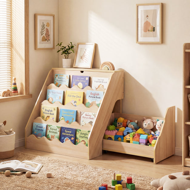 Coast Kinderboekenkast met Verrijdbare Opbergbak – 63 x 49 x 61,5 cm – Naturel
