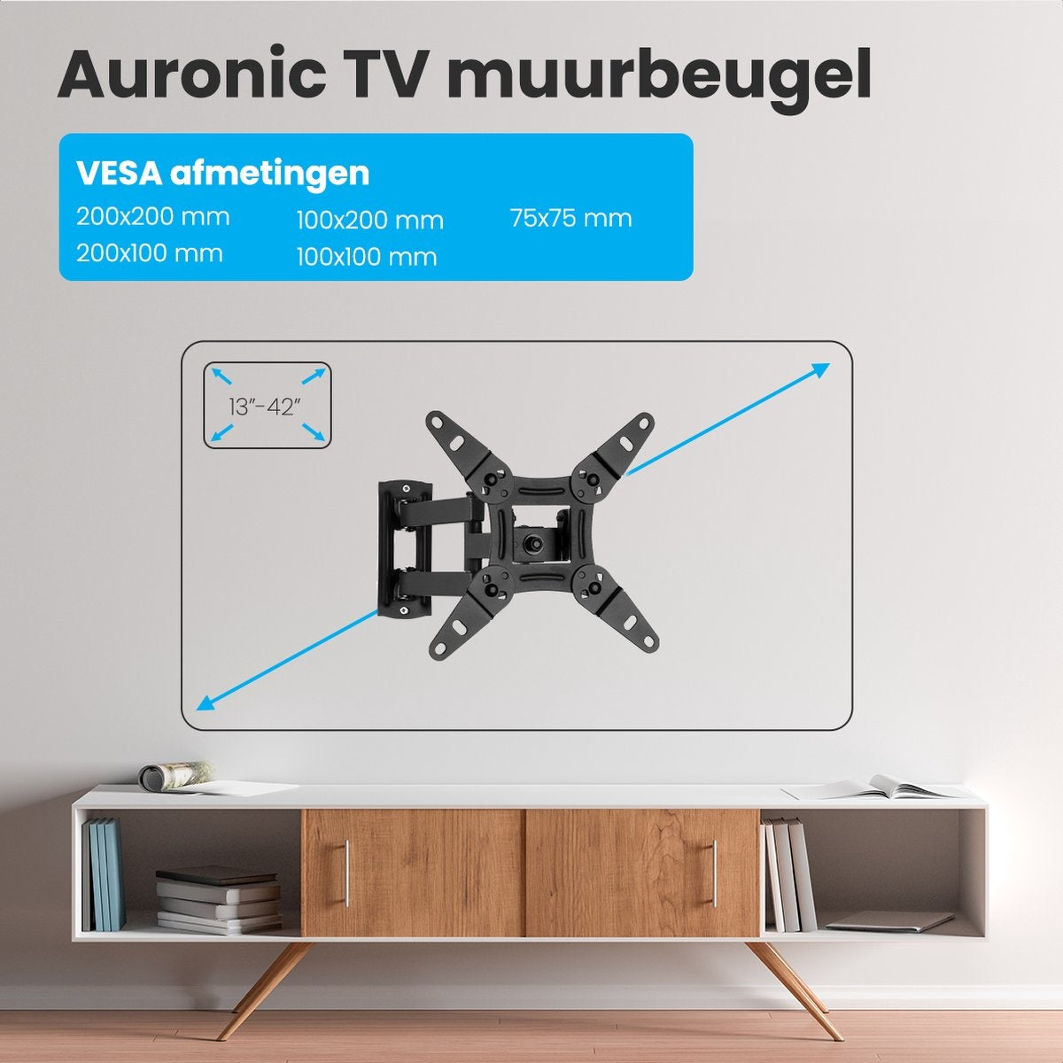 Auronic TV Beugel - Draaibaar en Kantelbaar - 13 tot 42 inch - Tot 20 KG - Zwart
