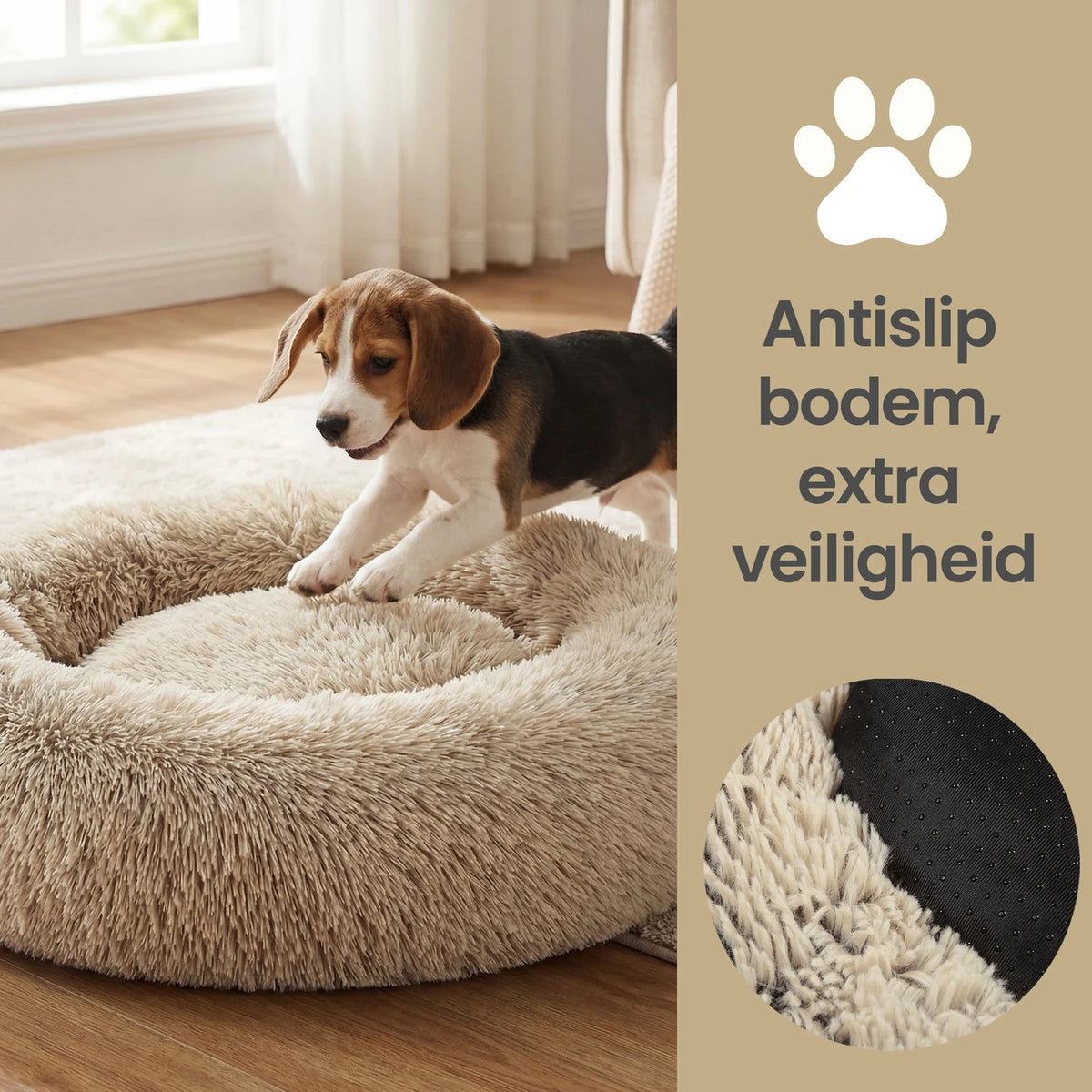 JOYFURNOS Donut Hondenmand met Uitneembaar Wasbaar Kussen - Zachte Pluche Bank - 70 cm - Kaki