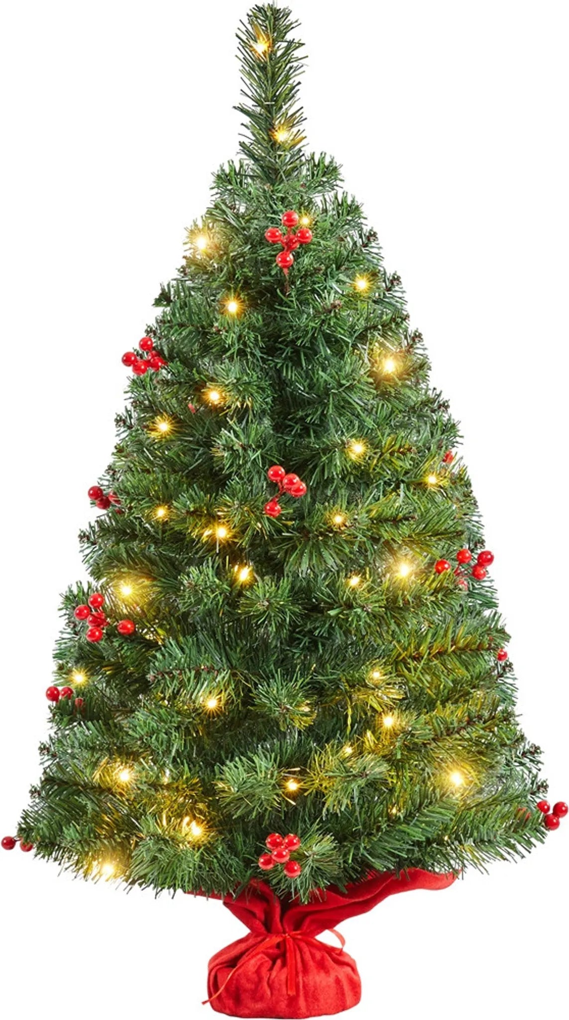 Yaheetech Tafelkerstboom Met Verlichting – 48 x 48 x 90 cm – Voorzien Van 50 LED-Lampjes En 60 Rode Bessen En Betonnen Voet Met Rode Doek – Voor Dressoir En Kantoor – Groen PVC En Beton