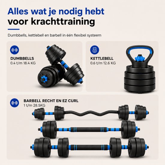 Sportfloww Dumbbells 28.5 KG – Halterset - Gewichten Set met Kettlebell, Barbell, EZ curl bar & AB roller – Verstelbare dumbells