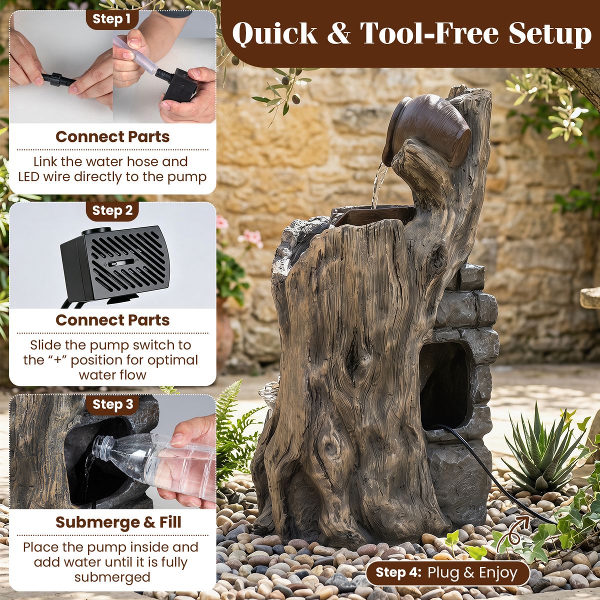 Coast Tuinfontein met eendenfamilie - 4-traps waterval - LED-verlichting - grijs - 30 x 27 x 57 cm