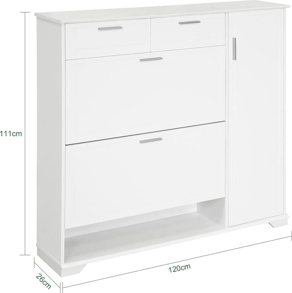 SoBuy Schoenenrek - Schoenen Opbergkast, Schoenencommode, met 2 Kleppen, 2 Lades, 1 Deur en 1 Open Compartiment- Max. 60kg - 102x96x24cm - Wit