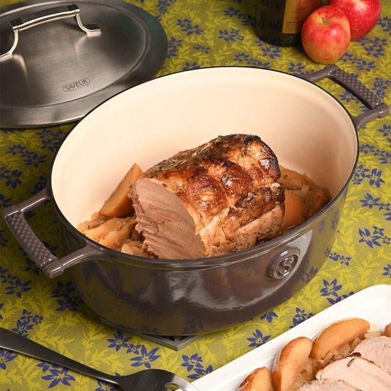 Saveur Voyage Braadpan Ø30 cm – Ovaal Gietijzer – PFAS-vrij – Geschikt voor Inductie & Oven – Grijs – Voor Grote Maaltijden, Stoven & Slowcooking