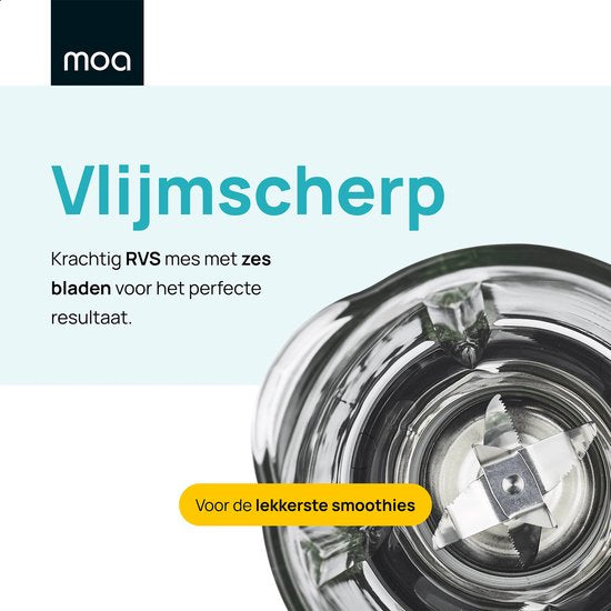 MOA Blender - BPA-Vrij - Smoothie Maker met 1,5L Glazen Kan - Voor Ijs, Bevroren Fruit, Noten - Mini - 1000W - RVS - Zilver