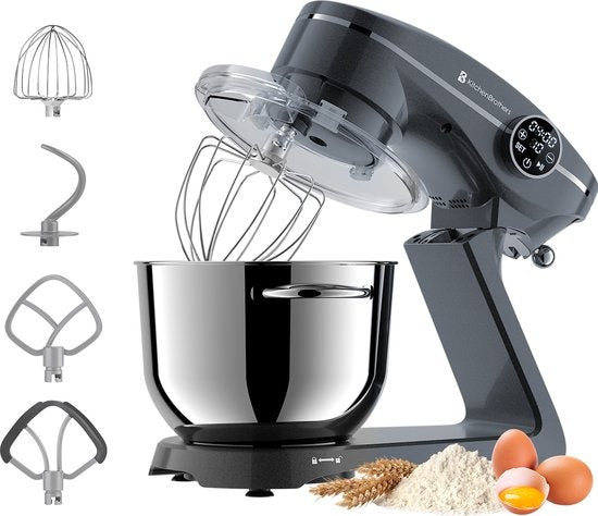 KitchenBrothers Keukenmachine - Touch Display en Timer - Keukenrobot - 6L - 1800W - Aluminium - Antraciet