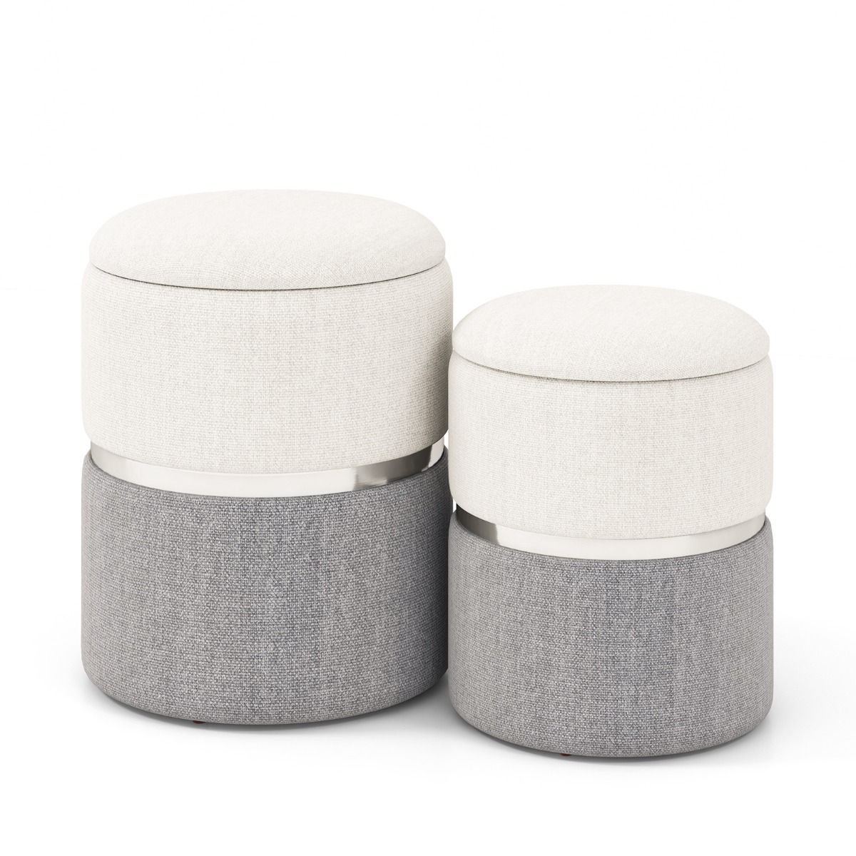 Coast Opbergpoefenset - set van 2 ronde poefs - linnen stof - zilveren accentring - beige en grijs