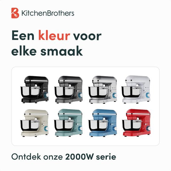 KitchenBrothers Keukenmachine - Keukenrobot - 6,2L - Mixer met Mengkom - Keukenmixer - 2000W - Parelwit