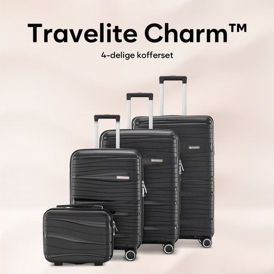 SC Travelin' Charm 4-delige Trolleyset – Handbagage & Check-in Koffers – 32L/60L/98L – Cijferslot – 360° Geruisloze Wielen – Lichtgewicht & Stevig – Modern Design - Zwart V2