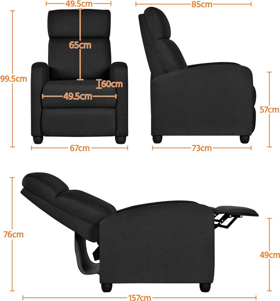 Yaheetech Relaxfauteuil met ligfunctie - Tv-stoel - Linnenlook - Zwart - 67 x 85 x 99,5 cm