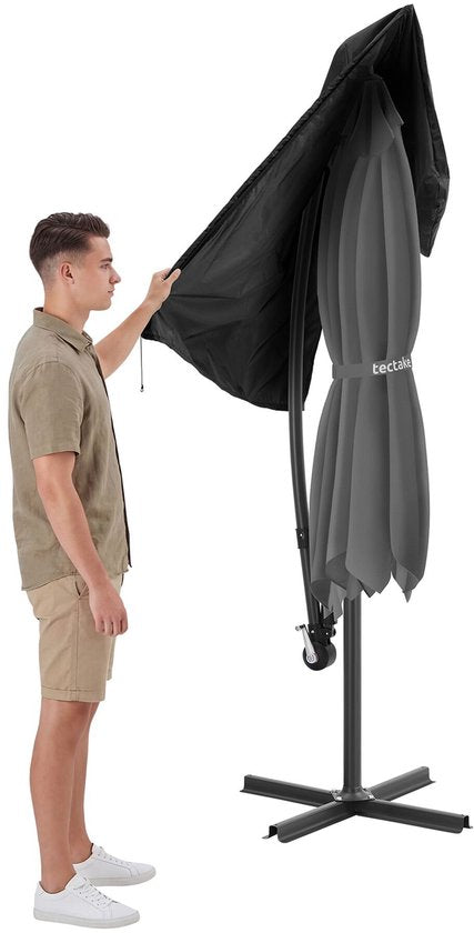 tectake® Zweefparasol met Voet - 3 x 3 m - Tuinparasol met LED-Verlichting op Zonne-Energie - Draaibaar - Waterafstotend Polyester met UV-Bescherming - Inclusief Hoes - Grijs