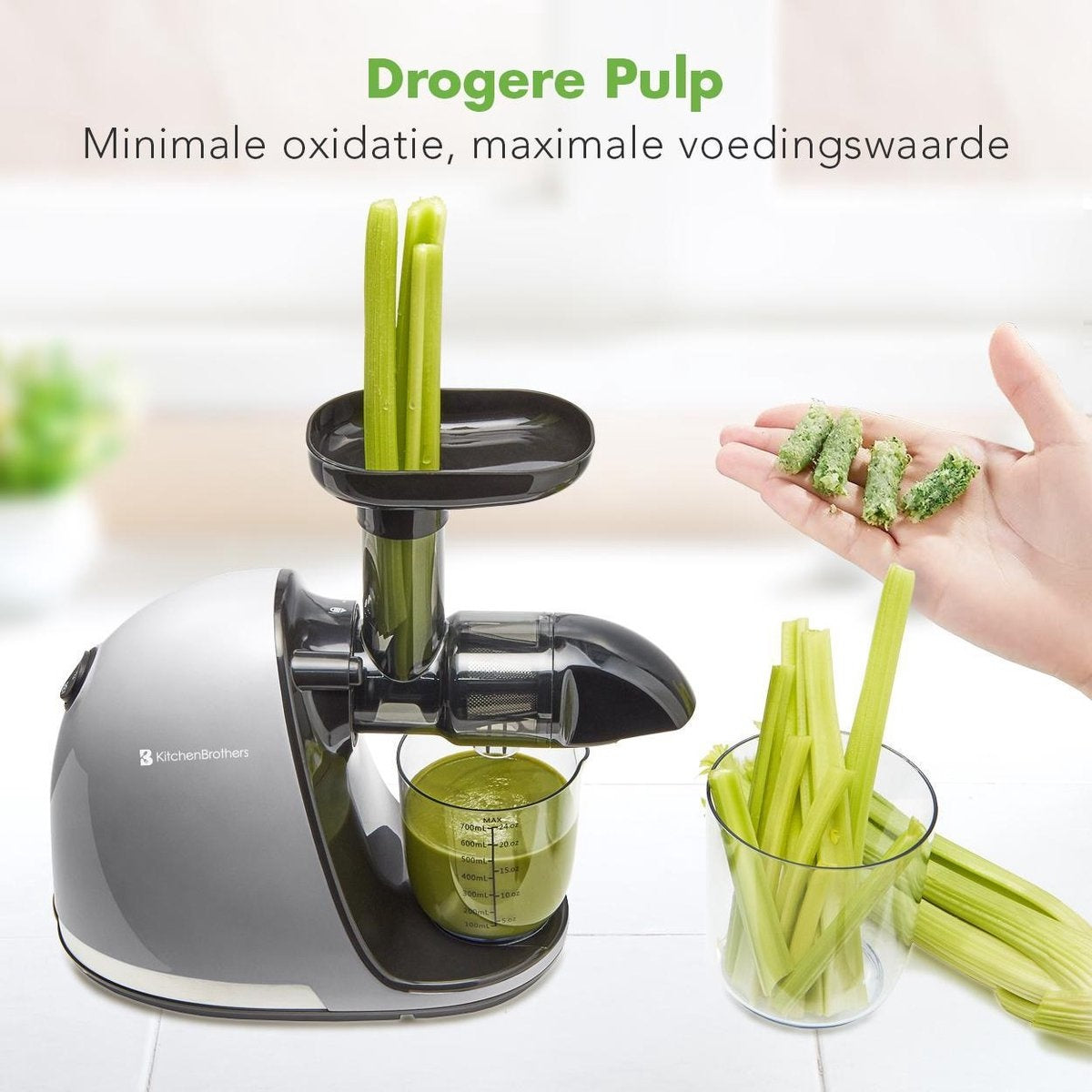 KitchenBrothers Slowjuicer - Juicer - Groenten en Fruitpers - 700ml Sapbeker - 1400ml Pulpcontainer - Grijs
