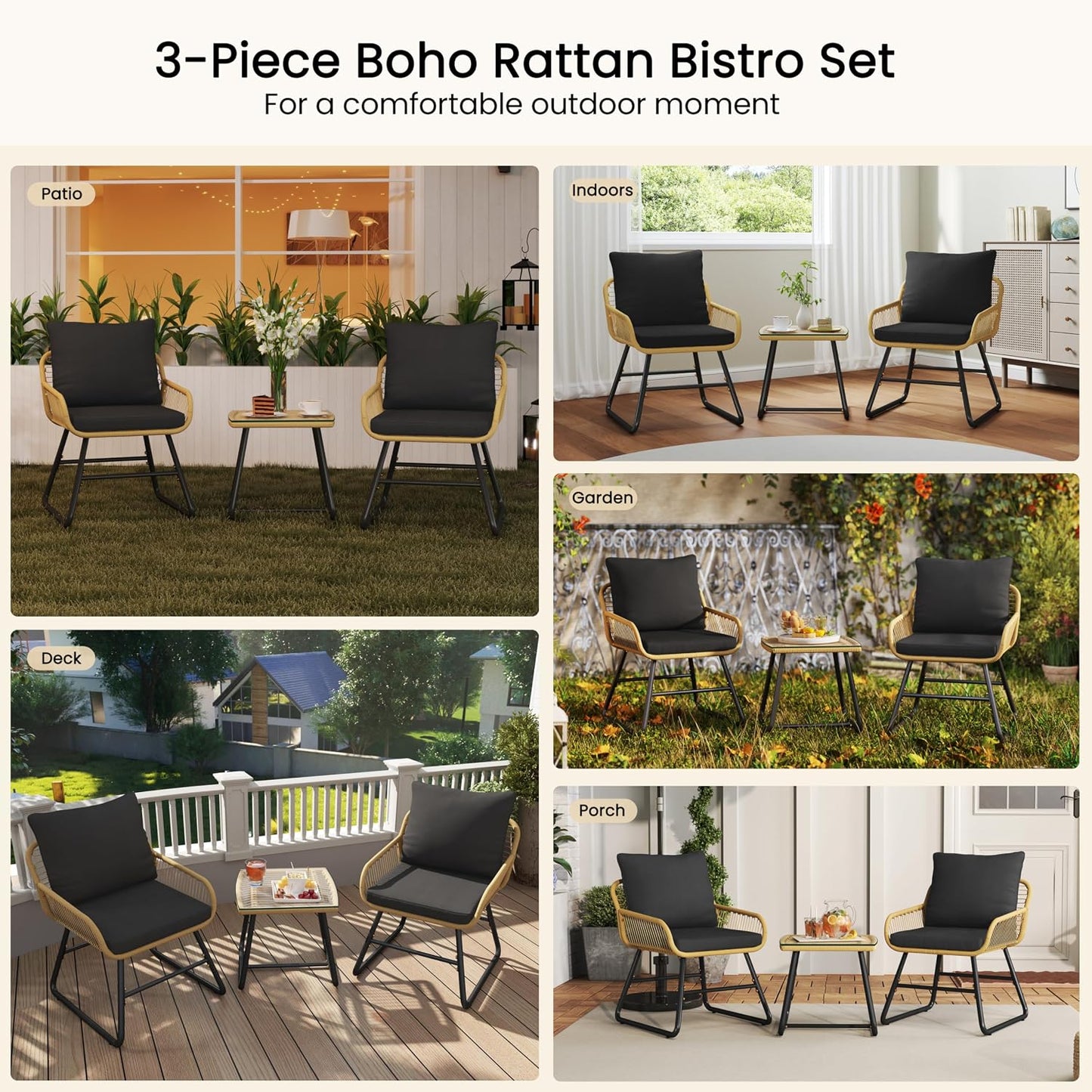 Yaheetech 3-delige Bistroset Tuin - Beige/Zwart - Rotan Tuinset met Glazen Tafel en 2 Stoelen