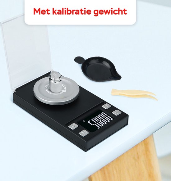 Kitchenwell digitale mini precisie keukenweegschaal - 0,001 tot 100 gram - 11.0 x 6.3 cm - pocket scale op batterij - weegschaal keuken