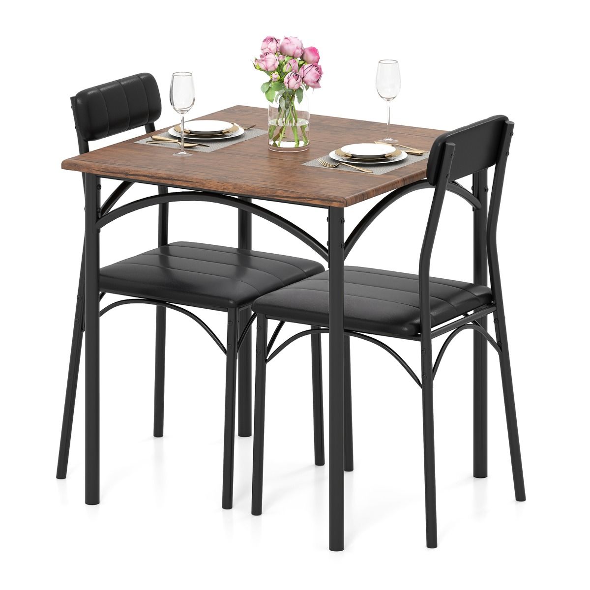 Coast Eethoekset - vierkante tafel met 2 stoelen - kunstleer bekleding - zwart en rustiek bruin