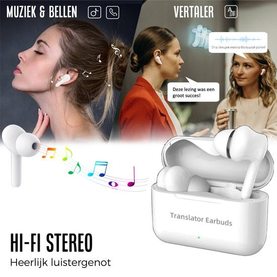 Shine Vertaalcomputer - Vertaal apparaat met spraak - Draadloze Oordopjes Wit - EarPods met Vertaalfunctie - Bluetooth 5.0 - 127 Talen en 97% Accuraat - 24 Uur Batterij