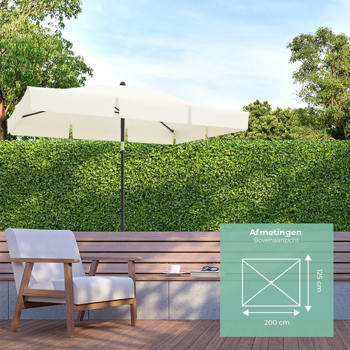 LifeGoods Parasol - Incl. Hoes - 30° Kantelbaar - Waterdicht - Crème - 200 x 125 cm