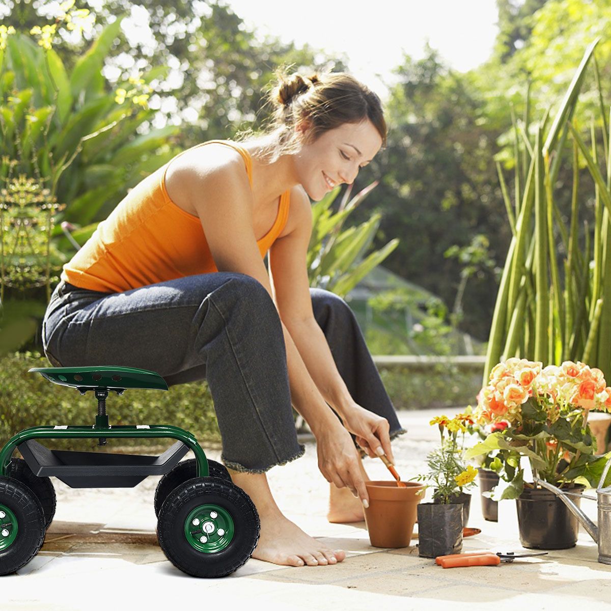 Coast Tuinwagen met verstelbaar handvat - ergonomische zitting - opbergmand en gereedschapsbakken - groen