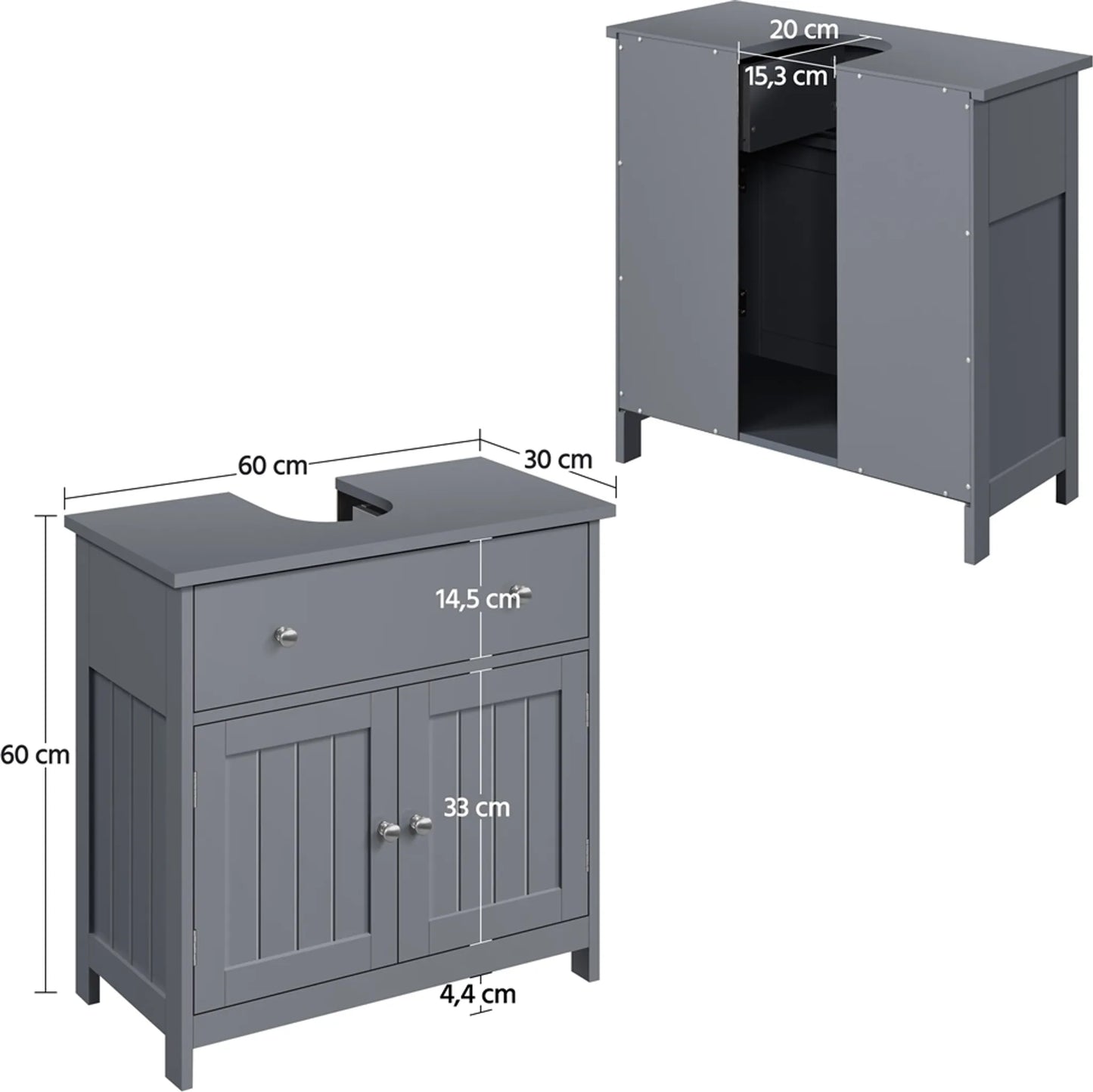 Yaheetech Wastafelonderkast Met Lade En Twee Vakken – Voorzien Van Sifonuitsparing En Waterafstotende Coating En Metalen Beslag – Voor Badkamer In Landelijke Stijl – Donkergrijs Mdf En Metaal – 60 x 30 x 60 cm