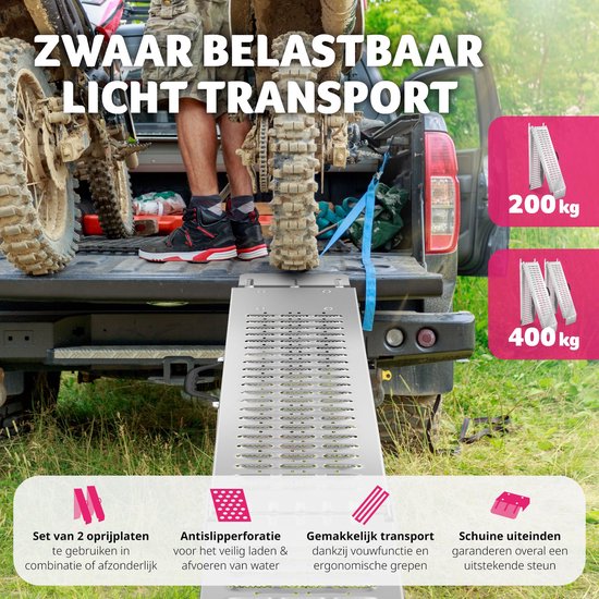 tectake® - Set van 2 oprijplaten Björn - Opvouwbaar met draaggrepen - Inklapbaar - Belastbaar tot 400 kg - 200 kg per plaat - 166 cm