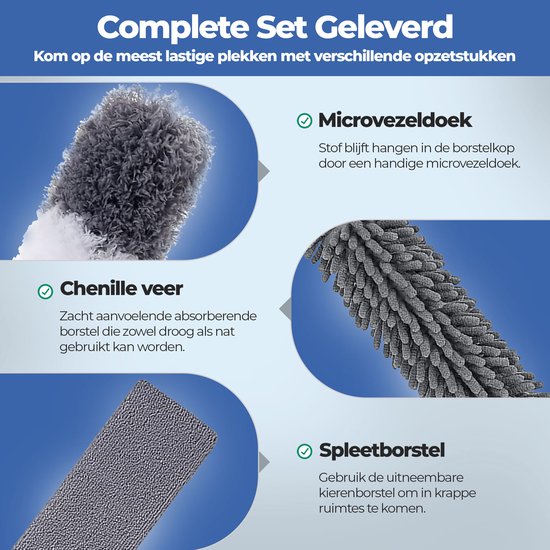 Roegaarden Plumeau Uitschuifbaar - Met Telescoopsteel - Tot 2,5 Meter - Verschillende Opzetstukken - Gemakkelijk op te bergen