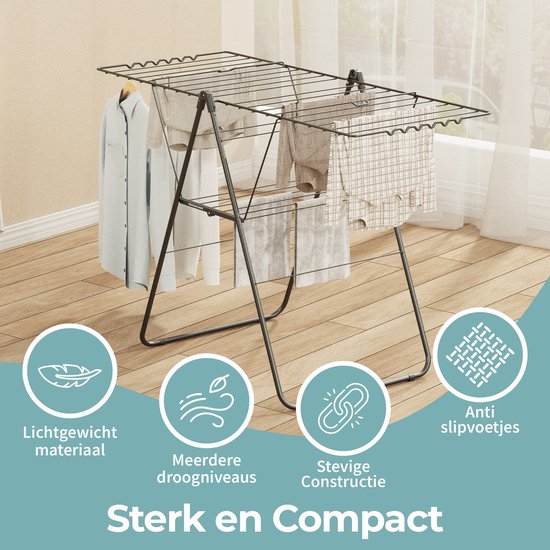 STAUS&BACH Droogrek 20m - Stevig - Inklapbaar Wasrek - Staand - Staal - Mat zwart - Aeriq Compact