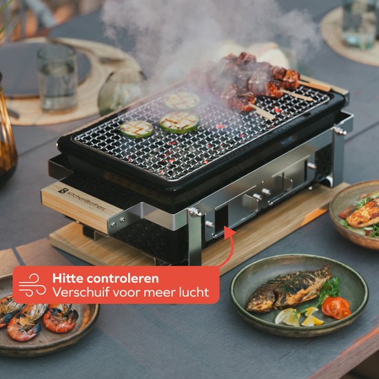KitchenBrothers Kamado Hibachi Grill - Met Grillrek en Stokjes - Houtskool Barbecue - PFAS-vrij - Shichirin Tafelgrill - Rechthoekige BBQ - Keramische Barbecue - Zwart