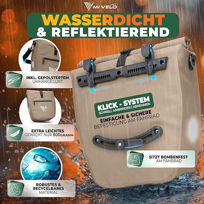MIVELO Fietstas – Waterdicht & Incl. Schouderriem – 20 liter – Sandbeige