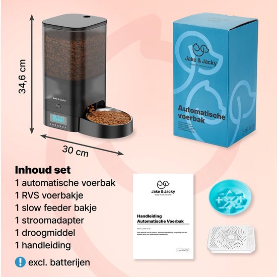 Jake and Jacky Automatische voerbak Kat en Hond - 5 Liter - Incl. RVS Voerbak & Slowfeeder - Voerautomaat & Anti-Schrokbak - Voerdispenser - Eetbak voor Katten & Honden - Zwart