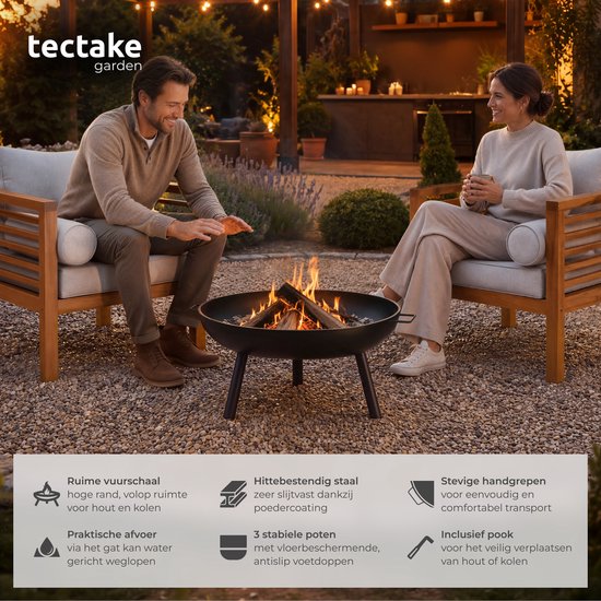 tectake® Vuurkorf Diablo - Hittebestendig Staal - Vuurschaal met Vuurpook - Ø 57,5 cm - Tuinhaard - Sfeerhaard voor Buiten - Met Handgrepen en Waterafvoer - Voor Brandhout en Houtskool