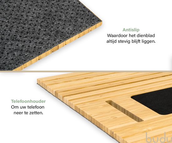 Budu Armleuning dienblad voor bank – Flexibel – Armleuning organizer – Bamboe hout – Anti slip - Telefoonhouder