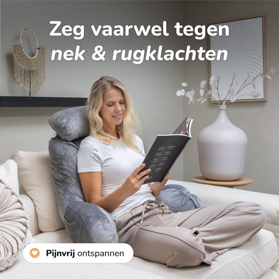Leeskussen voor in bed - Goede houding in bed - Met 3 opbergvakken - Rugkussen voor onderrug - Bookseat voor bank - Grijs - Soft & Silky